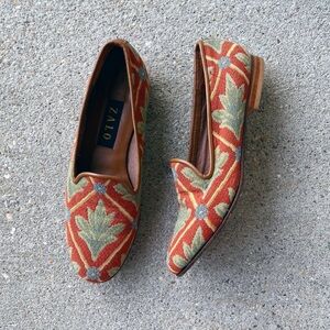 Zalo Embroidered Floral Smoking Loafers Flats Tapestry Size 8